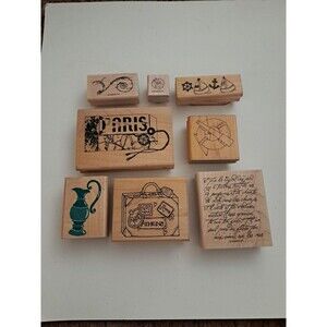 Lot (8) Wooden Rubber Stamps Paris France Travel Nautical Theme Ship Suitcase